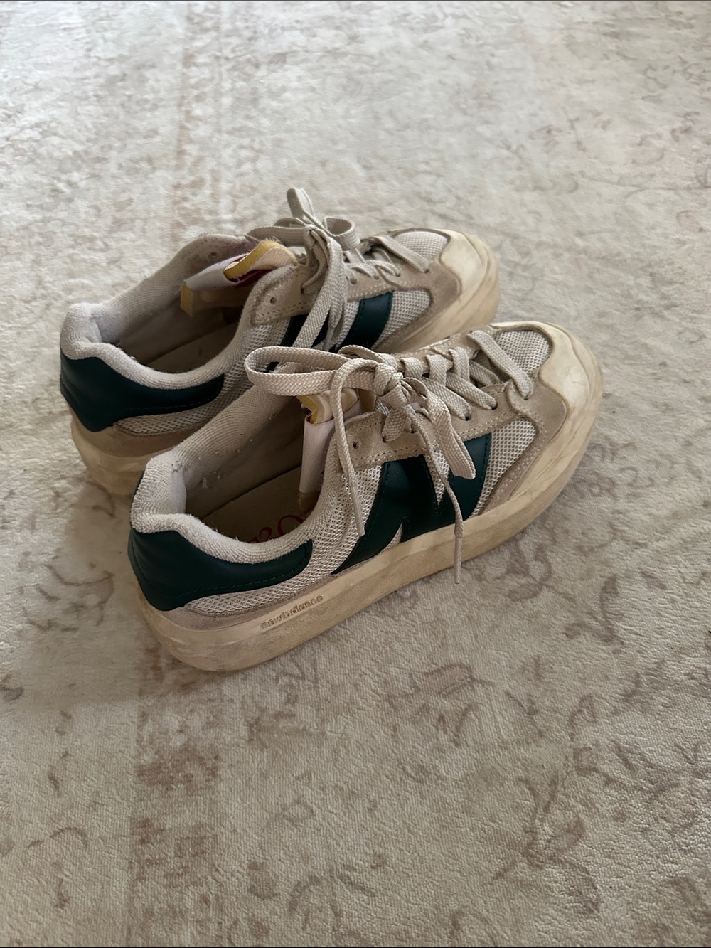 New Balance Cream and Dark Green Kids Lace-Up Sneakers